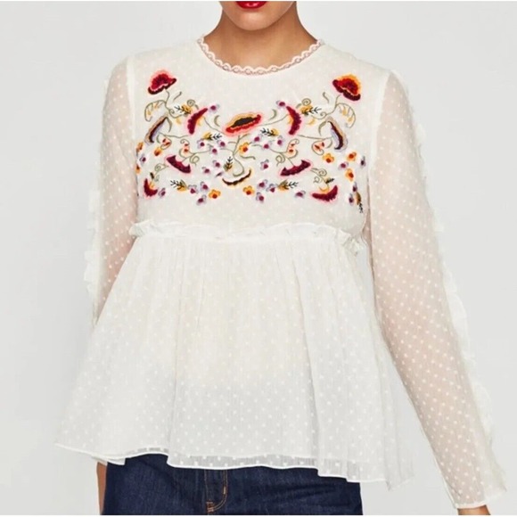 ZARA Trafaluc Collection Boho Top Embroidered Floral Peplum Ruffled Size Small - Picture 7 of 15